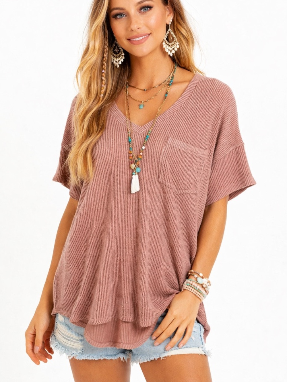 Altar'd State Size Small Oversized Women's V-Neck Ribbed Top - Mauve Tan